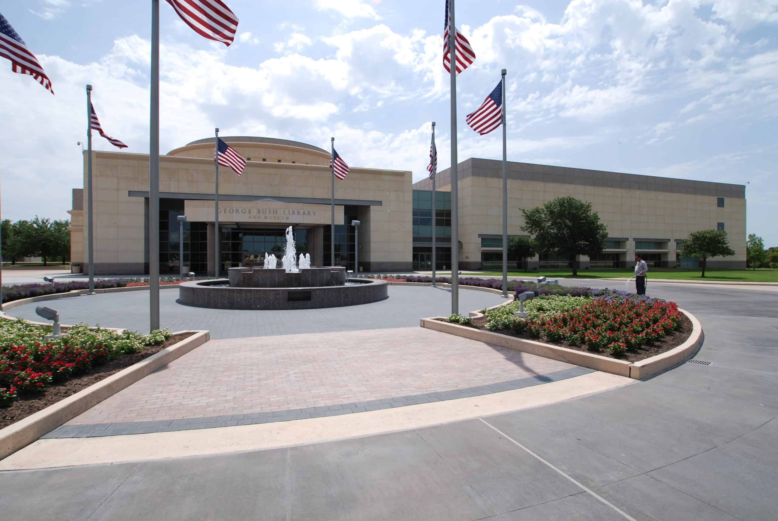Famous George Bush Library with well-maintained landscaping, highlighting electrical solutions for public buildings.
